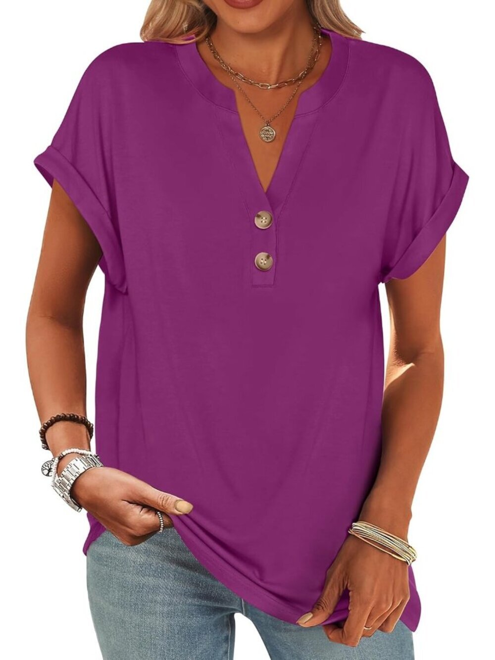 Women's Purple Summer Short Sleeves Henley V Neck Comfortable Trendy Tee Shirts